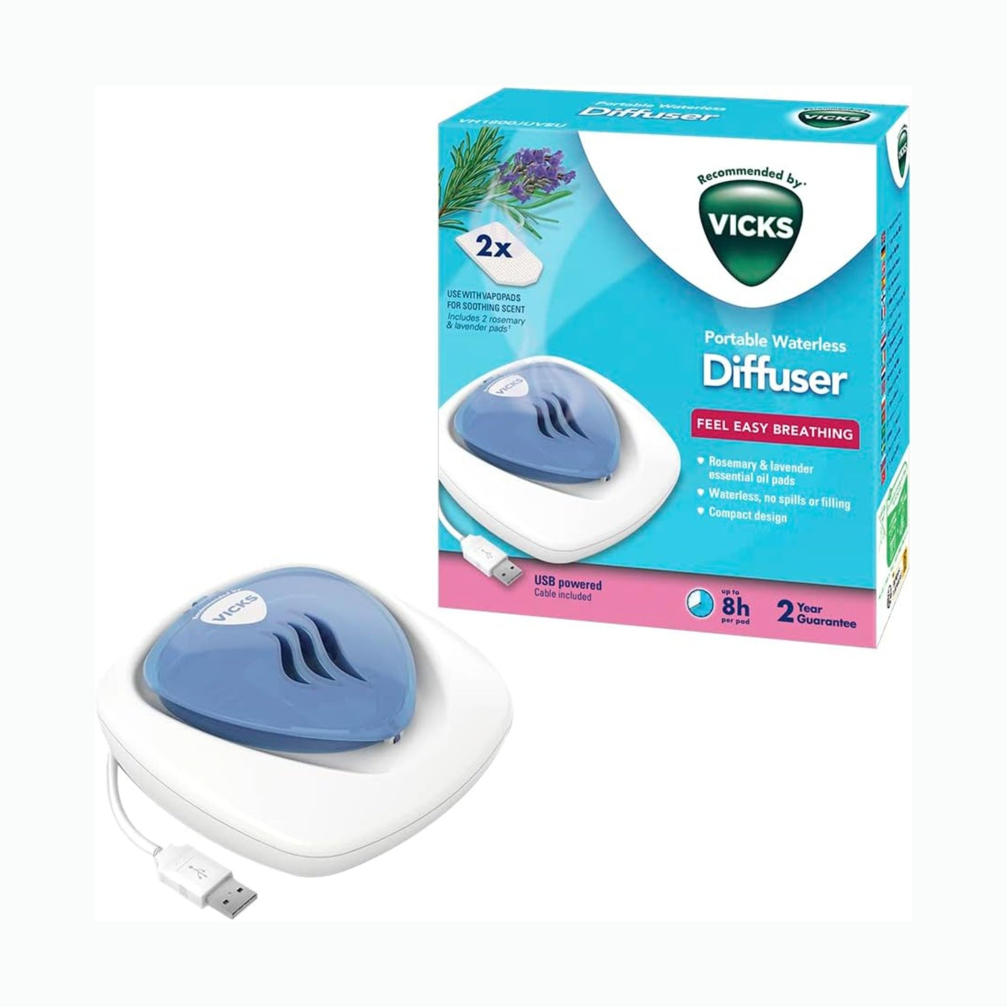 Vicks Portable Waterless Diffuser - USB Plug-In - Easy Breathing - Nightlight Feature - Essential Oil Pads Included - For Children's Bedrooms and Babies Nurseries