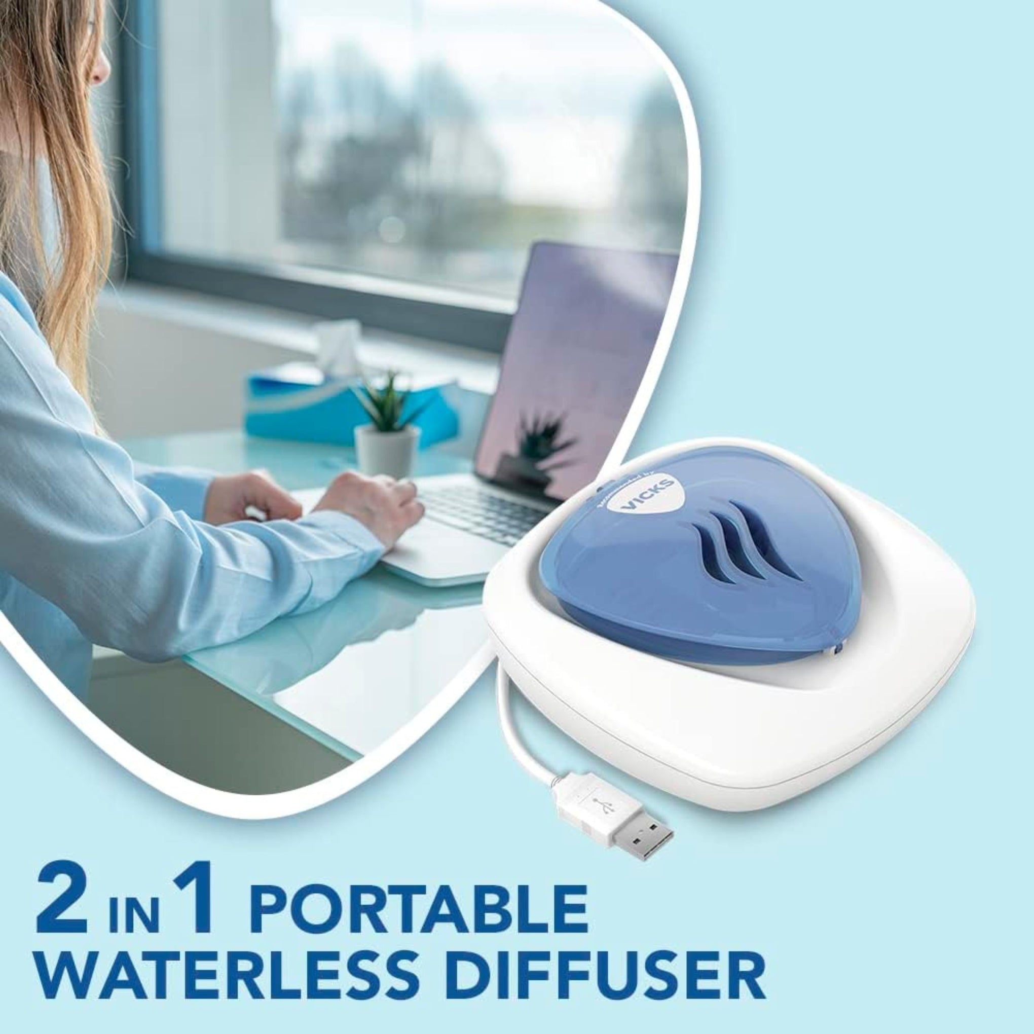 Vicks Portable Waterless Diffuser - USB Plug-In - Easy Breathing - Nightlight Feature - Essential Oil Pads Included - For Children's Bedrooms and Babies Nurseries