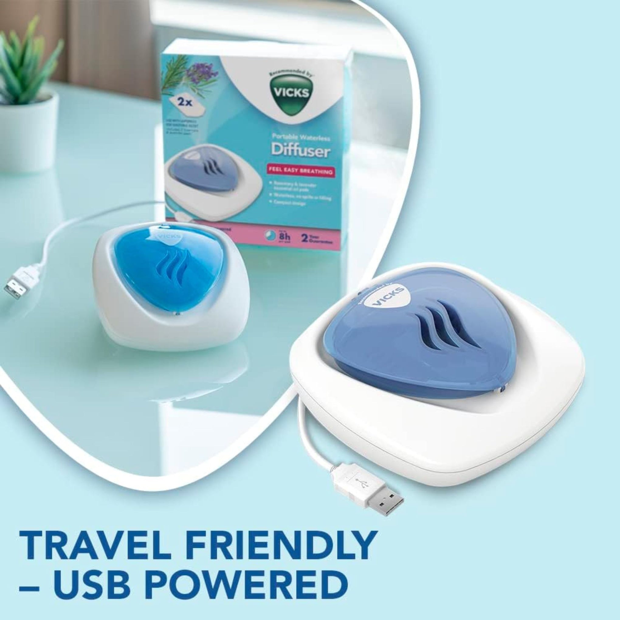 Vicks Portable Waterless Diffuser - USB Plug-In - Easy Breathing - Nightlight Feature - Essential Oil Pads Included - For Children's Bedrooms and Babies Nurseries