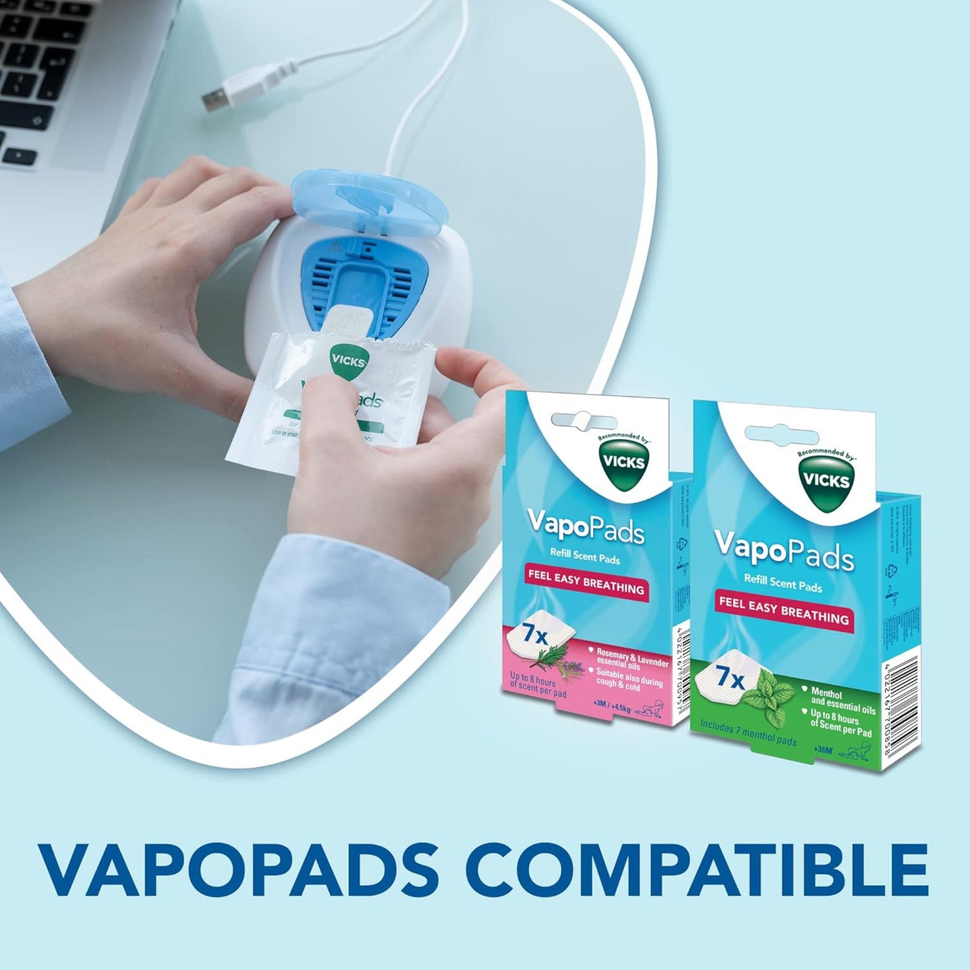 Vicks Portable Waterless Diffuser - USB Plug-In - Easy Breathing - Nightlight Feature - Essential Oil Pads Included - For Children's Bedrooms and Babies Nurseries