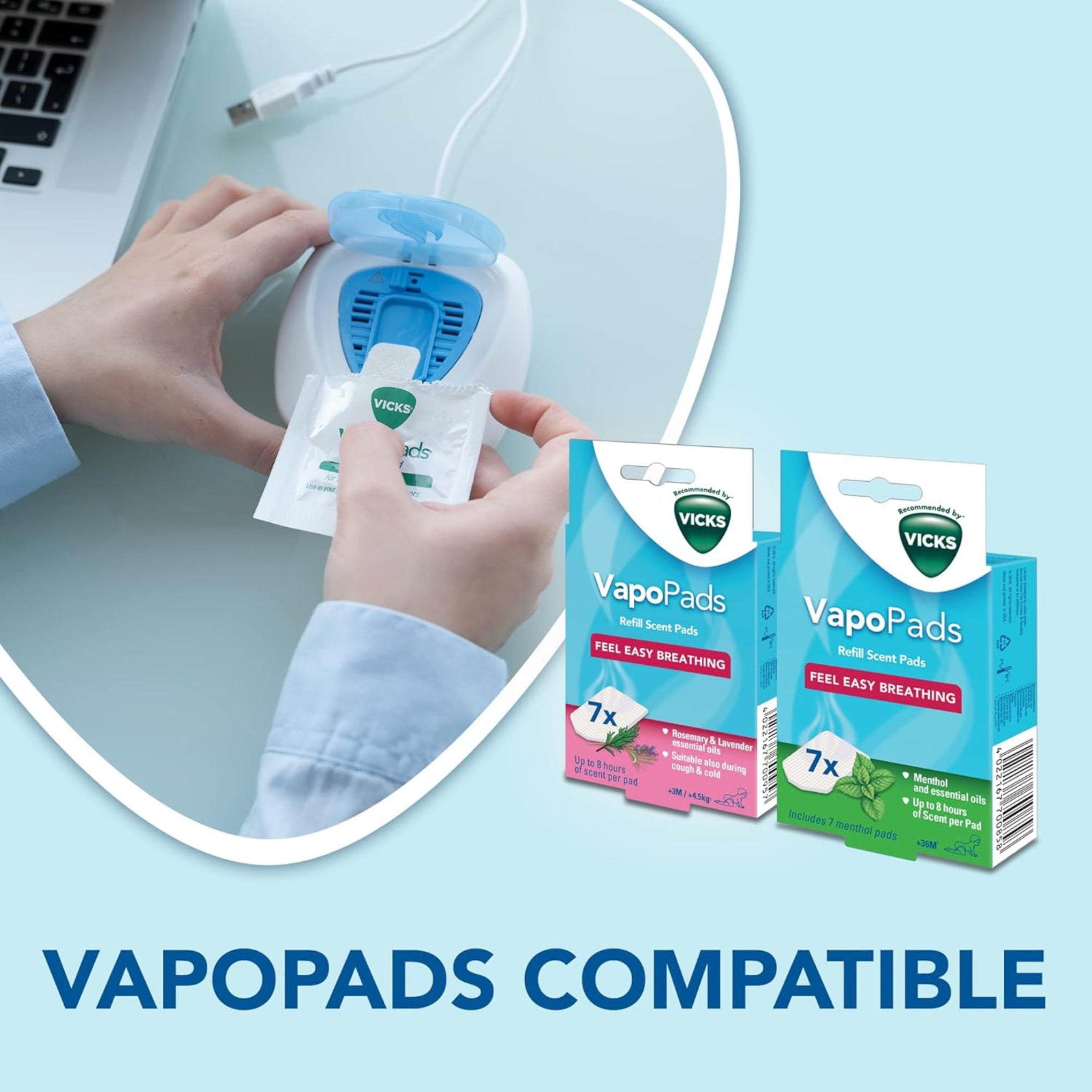 Vicks Portable Waterless Diffuser - USB Plug-In - Easy Breathing - Nightlight Feature - Essential Oil Pads Included - For Children's Bedrooms and Babies Nurseries