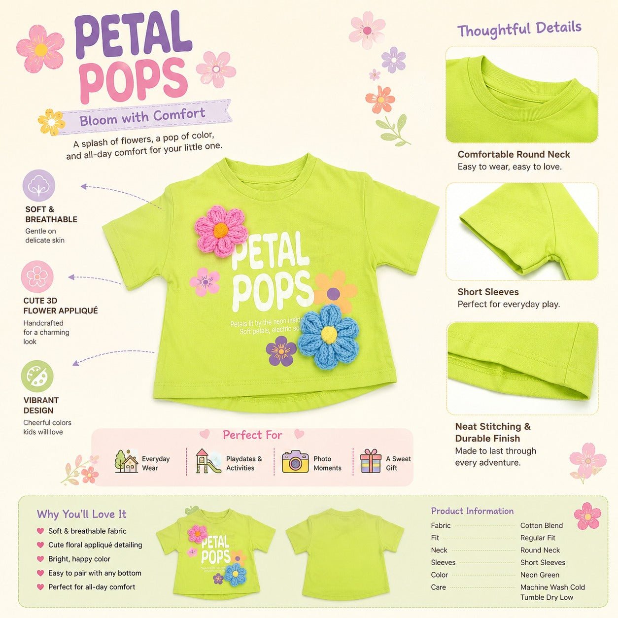 VITAMINS Girls Green Floral T-Shirt | 3D Flower Appliqué Half Sleeve Top | 18 Months to 12 Years - SMILE BABY