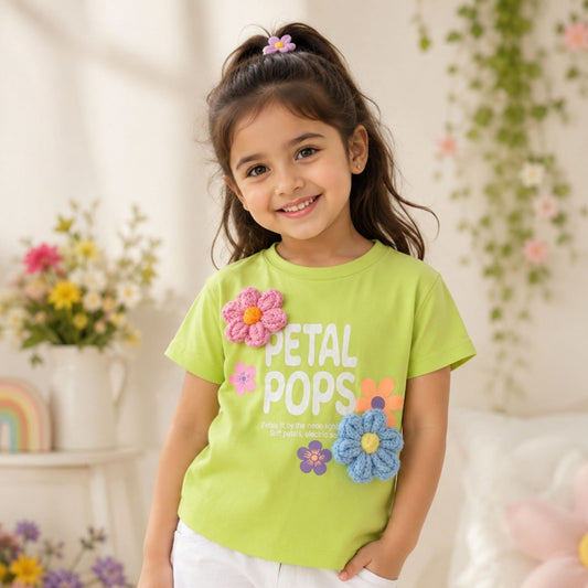 VITAMINS Girls Green Floral T-Shirt | 3D Flower Appliqué Half Sleeve Top | 18 Months to 12 Years - SMILE BABY