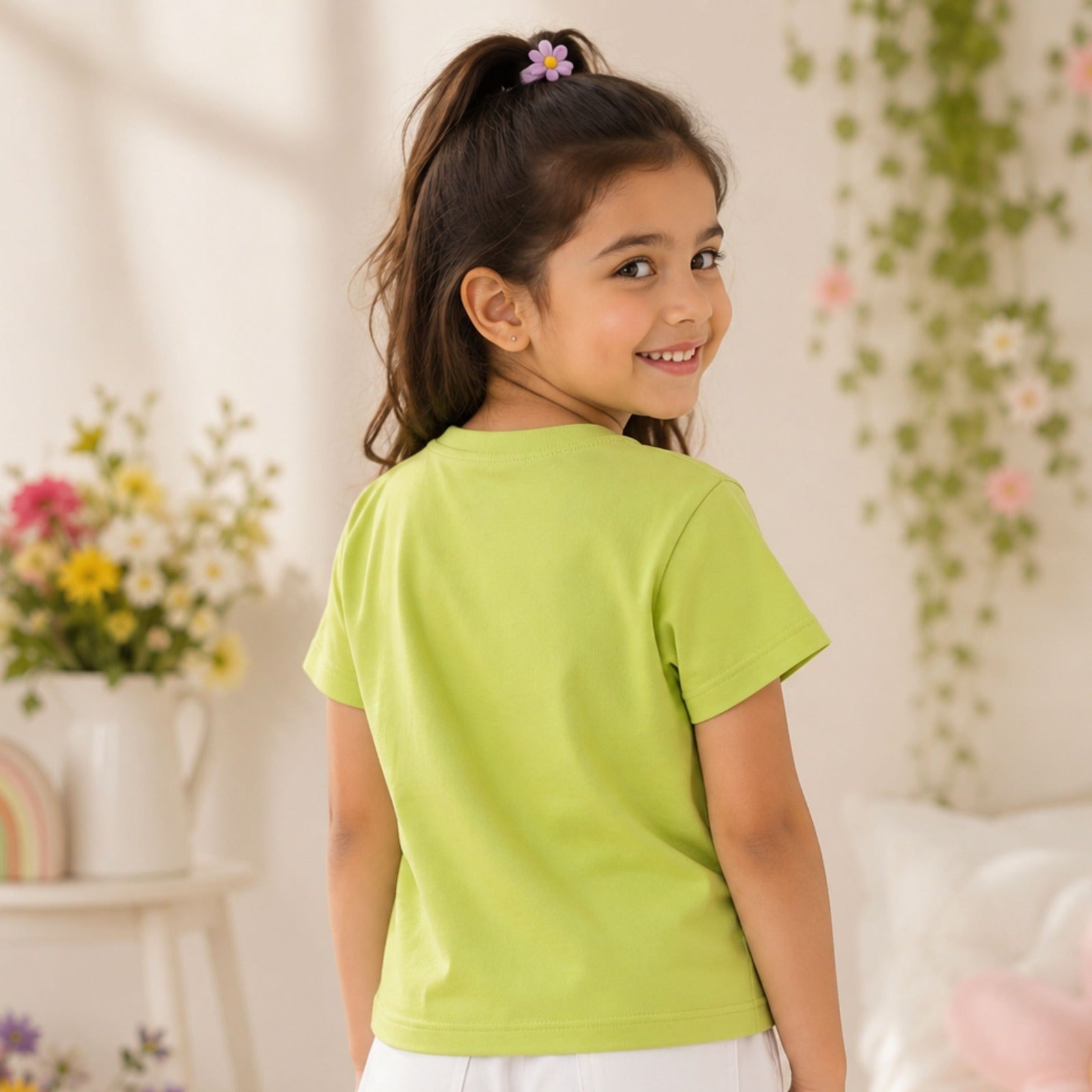 VITAMINS Girls Green Floral T-Shirt | 3D Flower Appliqué Half Sleeve Top | 18 Months to 12 Years - SMILE BABY