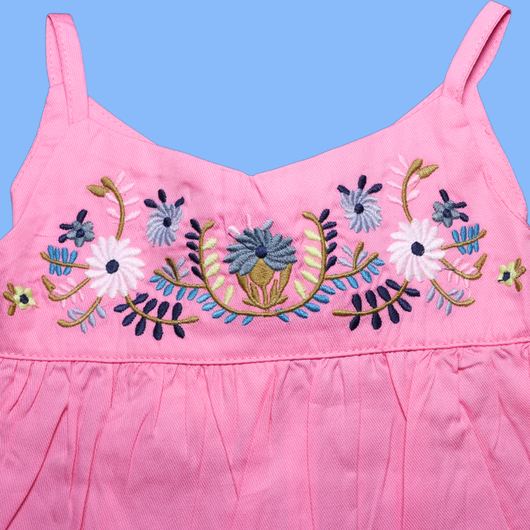 Smile Baby Girls Midi / Knee Length Cotton Casual Frock / Dress Floral Embroidery Pink