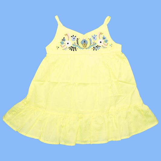 Smile Baby Girls Midi / Knee Length Cotton Casual Frock / Dress Floral Embroidery Lemon