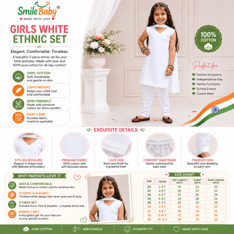 Smile Baby Girls White Ethnic Set | 100% Cotton Kurti Pant & Dupatta | Festive Wear for Kids (2–12 Years)