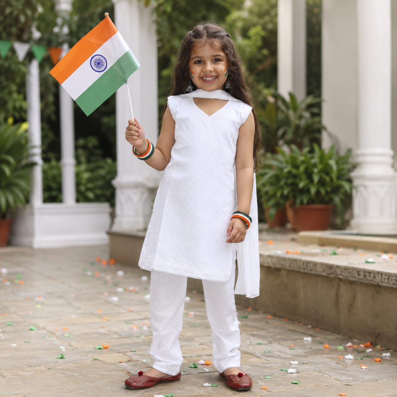 Smile Baby Girls White Ethnic Set | 100% Cotton Kurti Pant & Dupatta | Festive Wear for Kids (2–12 Years)