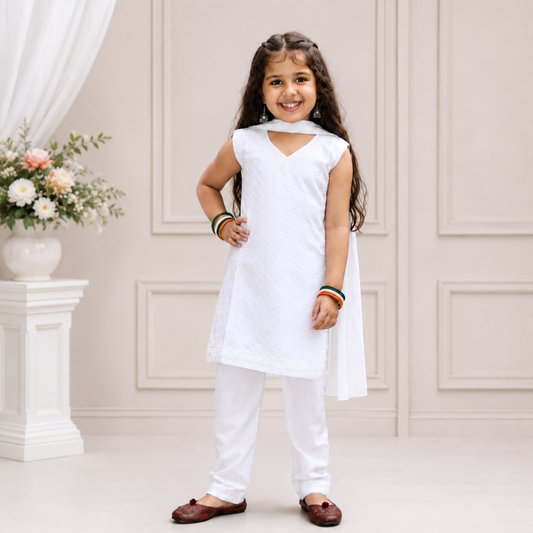 Smile Baby Girls White Ethnic Set | 100% Cotton Kurti Pant & Dupatta | Festive Wear for Kids (2–12 Years)