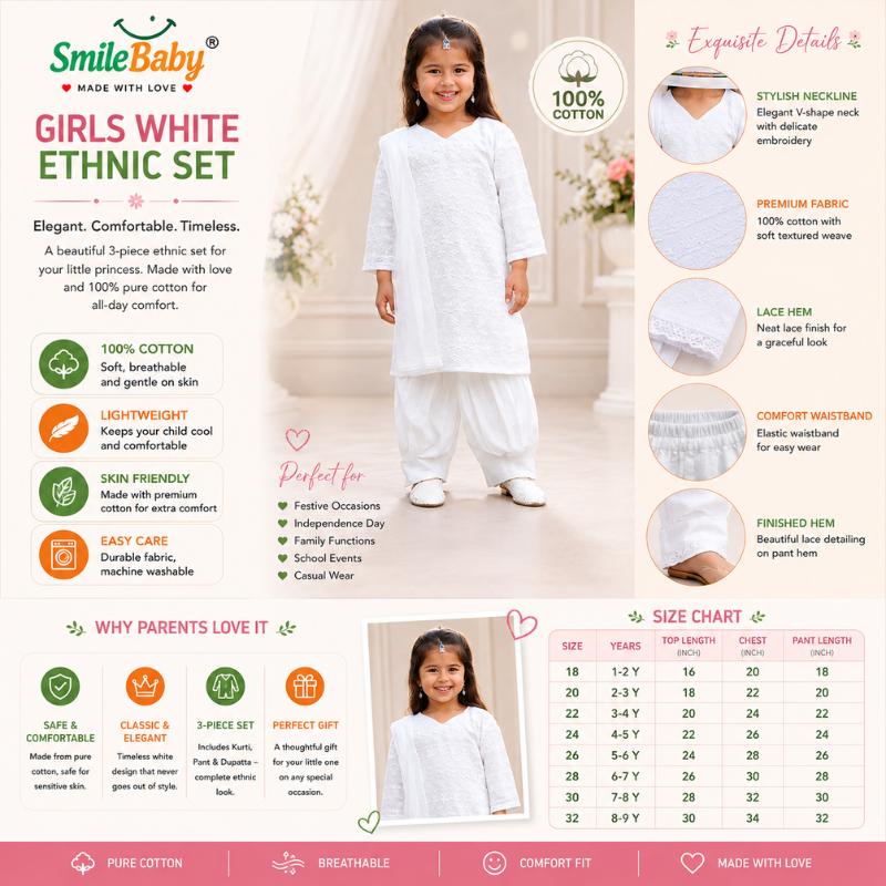 Smile Baby Girls White Ethnic Set | 100% Cotton Kurti Pant & Dupatta | Kids Traditional Wear