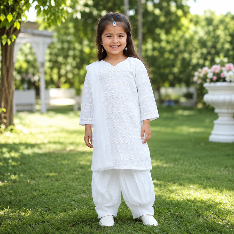 Smile Baby Girls White Ethnic Set | 100% Cotton Kurti Pant & Dupatta | Kids Traditional Wear