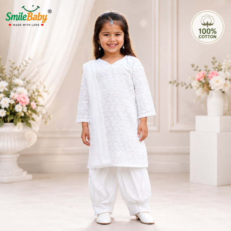 Smile Baby Girls White Ethnic Set | 100% Cotton Kurti Pant & Dupatta | Kids Traditional Wear
