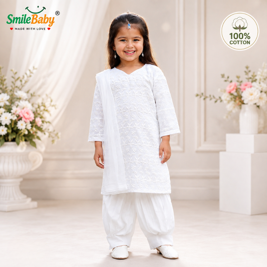 Smile Baby Girls White Ethnic Set | 100% Cotton Kurti Pant & Dupatta | Kids Traditional Wear