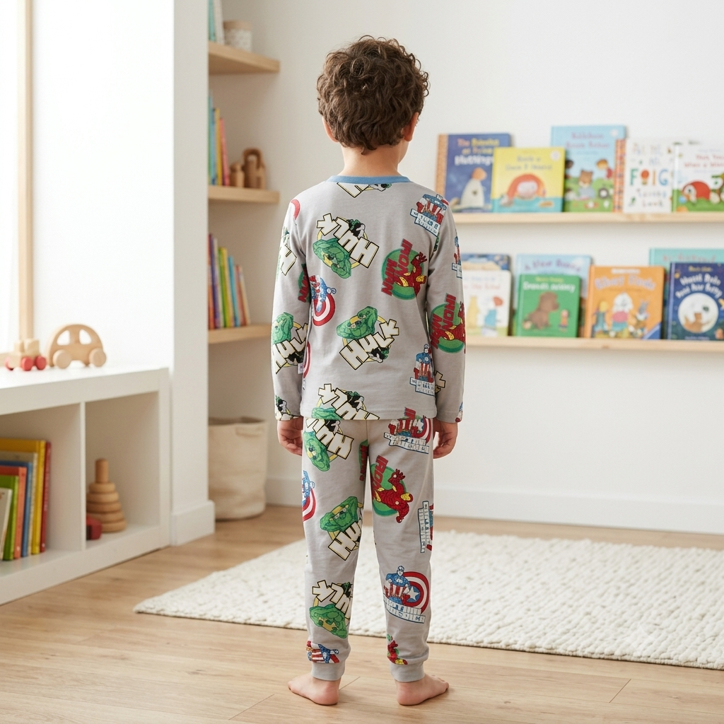 Smile Baby boys grey superhero printed night suit back view, full sleeve pajama set for kids 1Y to 10Y
