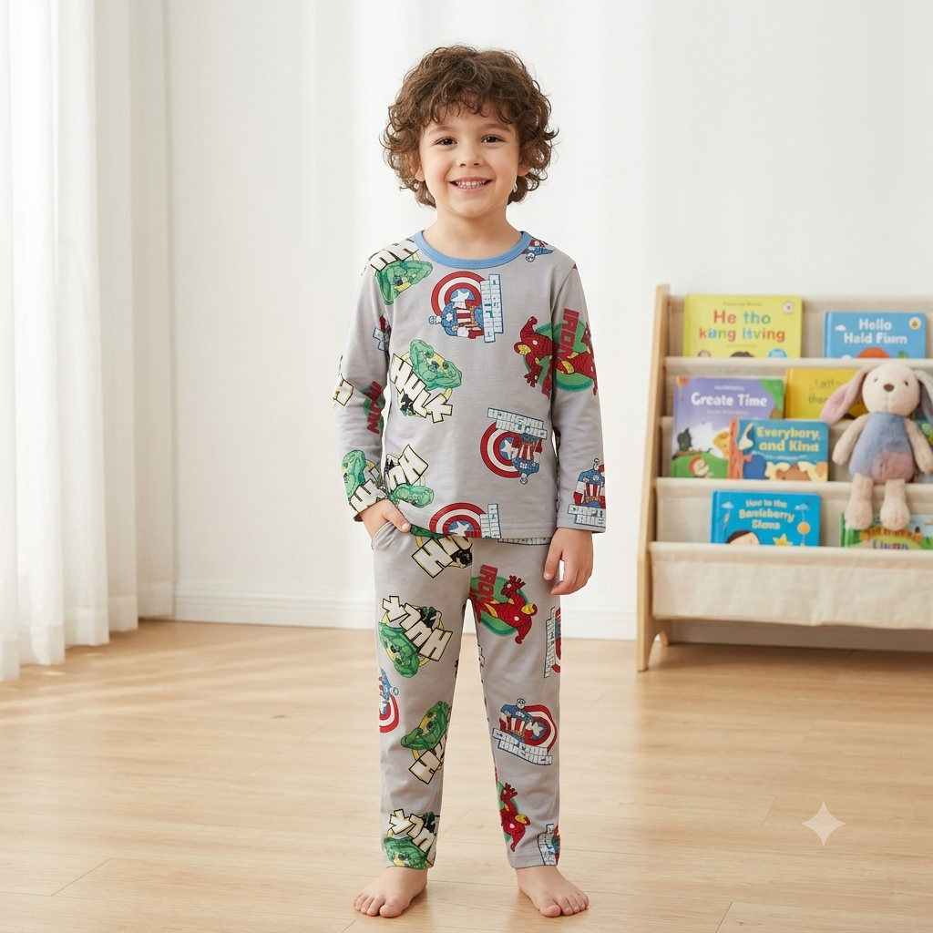 Smile Baby boys grey superhero printed night suit front view, comfortable full sleeve sleepwear set for kids