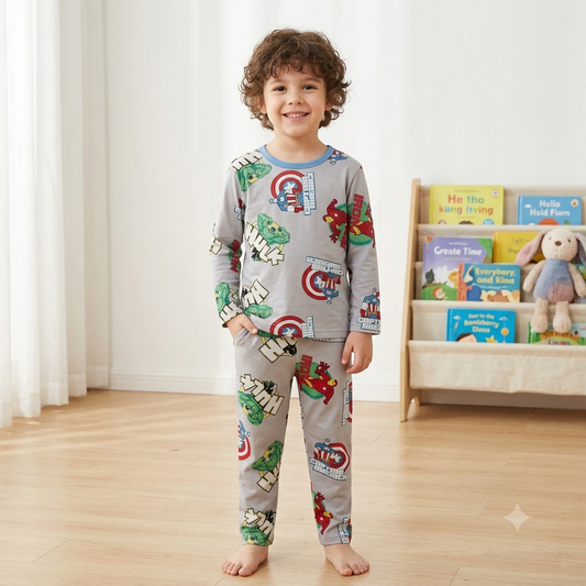 Smile Baby boys grey superhero printed night suit front view, comfortable full sleeve sleepwear set for kids