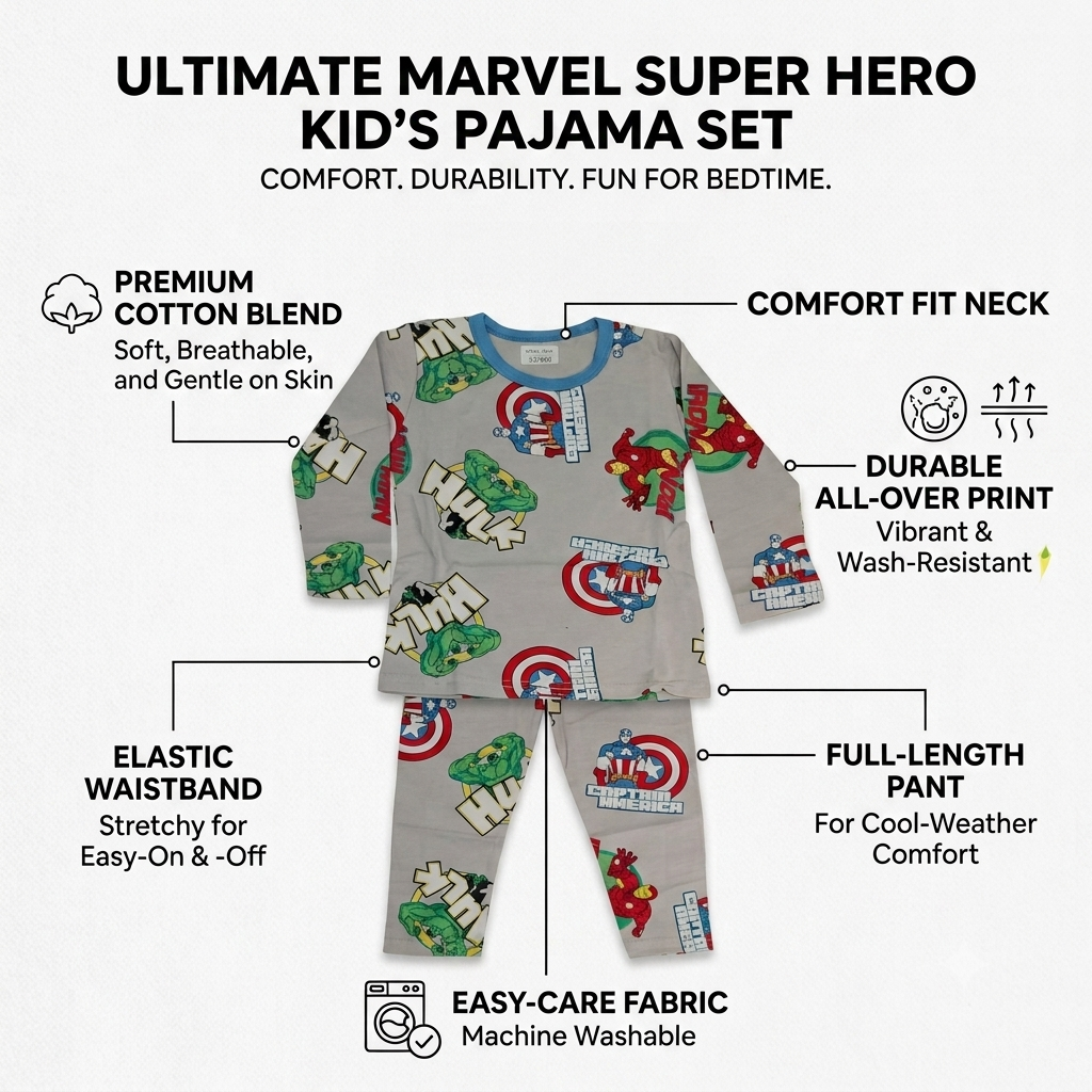 Smile Baby boys grey superhero printed night suit with soft fabric, comfort fit neck, elastic waistband and full-length pajama features