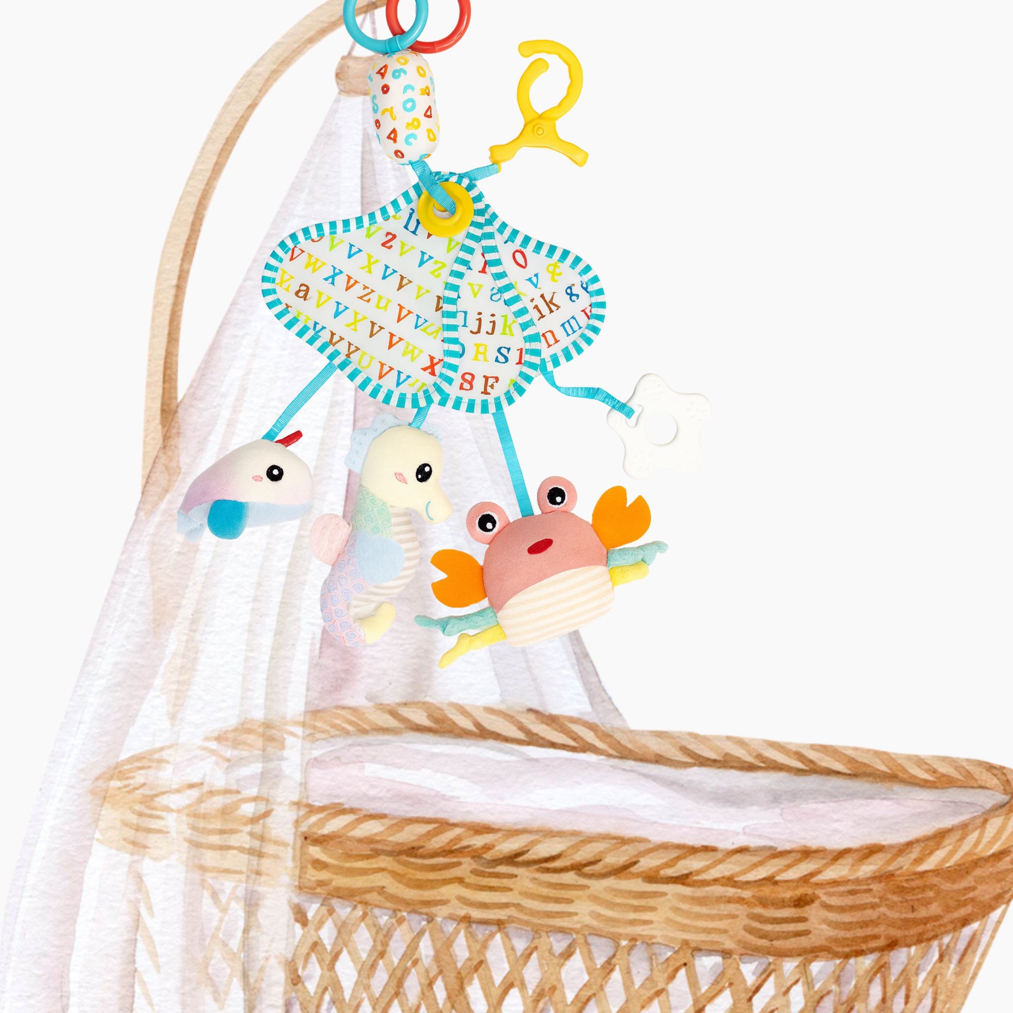 Smile Baby Alphabet Activity Hanging Toy – Soft Plush Animal Shapes with Rattles, Teether & Clip | For Cradles, Strollers & Car Seats | 0–2 Years