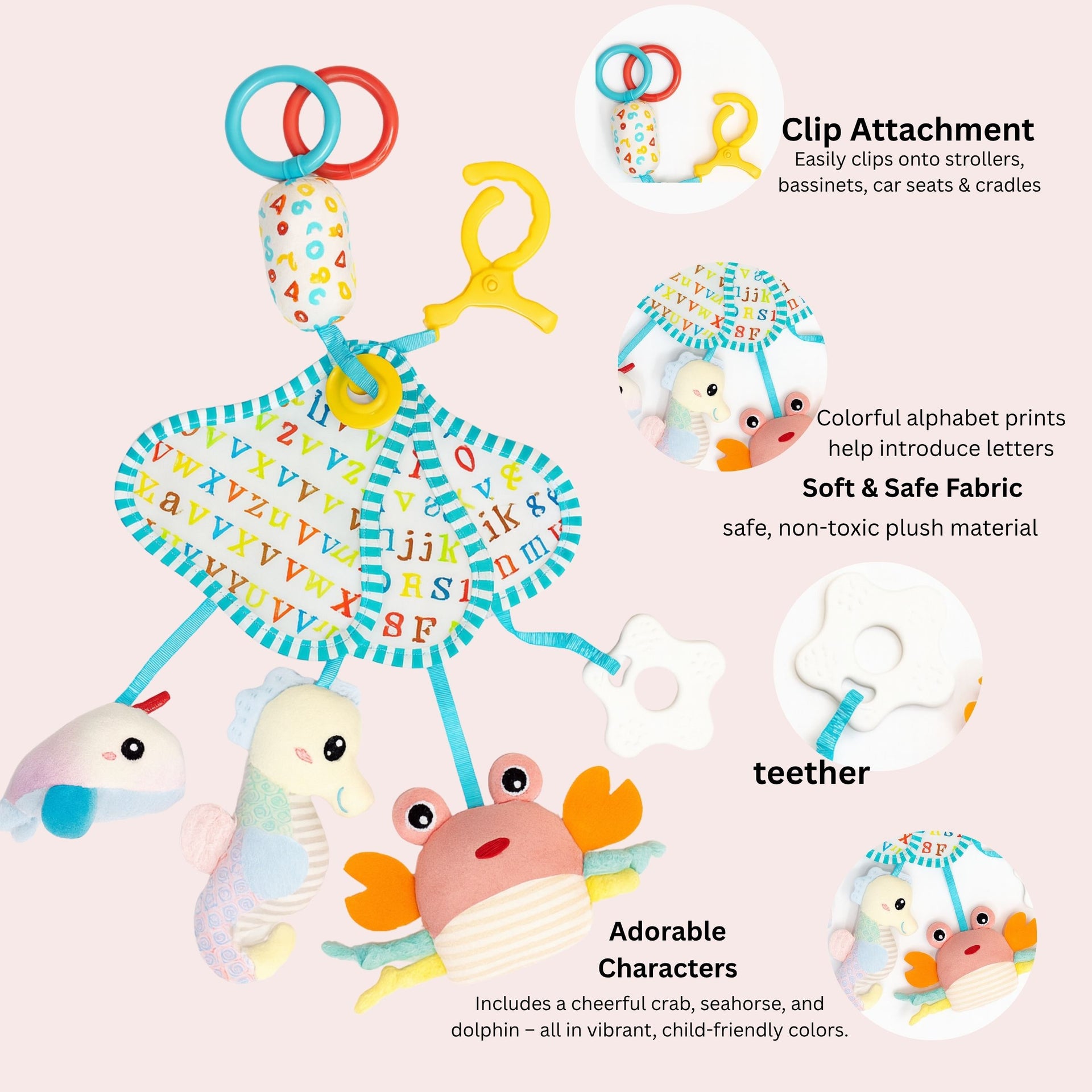 Smile Baby Alphabet Activity Hanging Toy – Soft Plush Animal Shapes with Rattles, Teether & Clip | For Cradles, Strollers & Car Seats | 0–2 Years