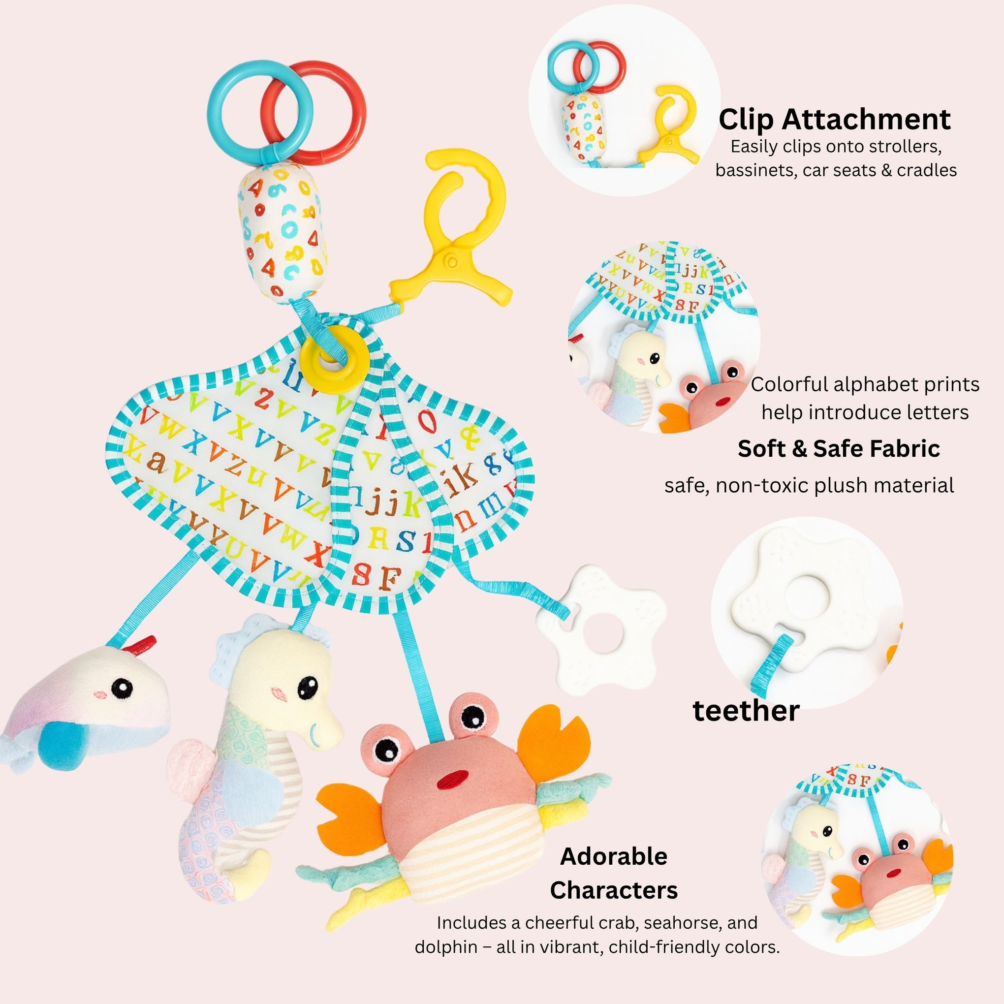 Smile Baby Alphabet Activity Hanging Toy – Soft Plush Animal Shapes with Rattles, Teether & Clip | For Cradles, Strollers & Car Seats | 0–2 Years