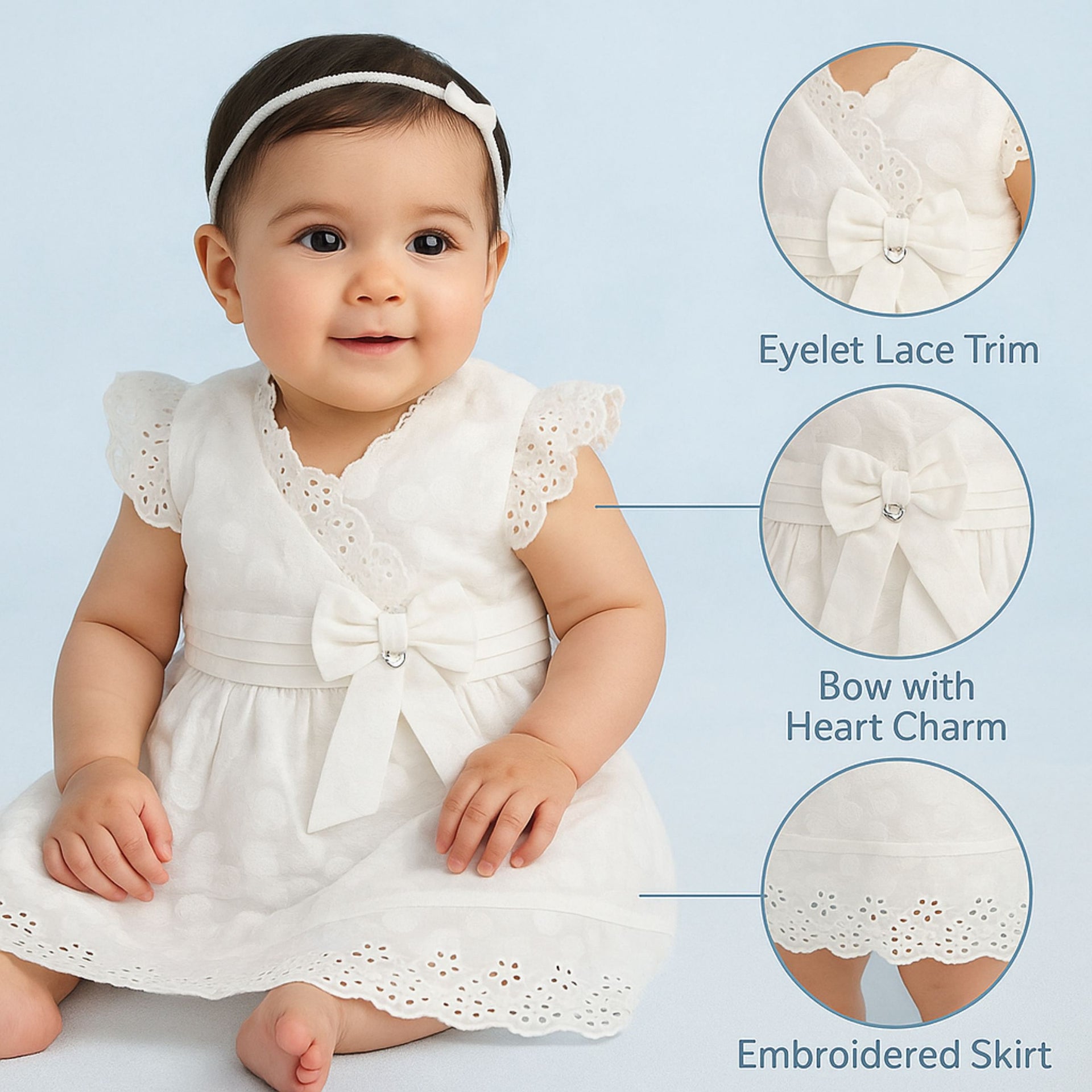 TOFFY HOUSE White Cotton Frock Set with Bloomer – Eyelet Lace & Bow | Soft & Elegant | New Born to 9 months