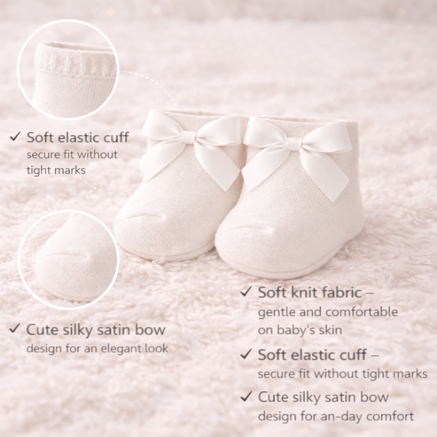 SMILE BABY Newborn Baby Bootie Socks with Bow – Soft Cotton, Anti-Slip, Pack of 3 (Pink, Grey & off White)