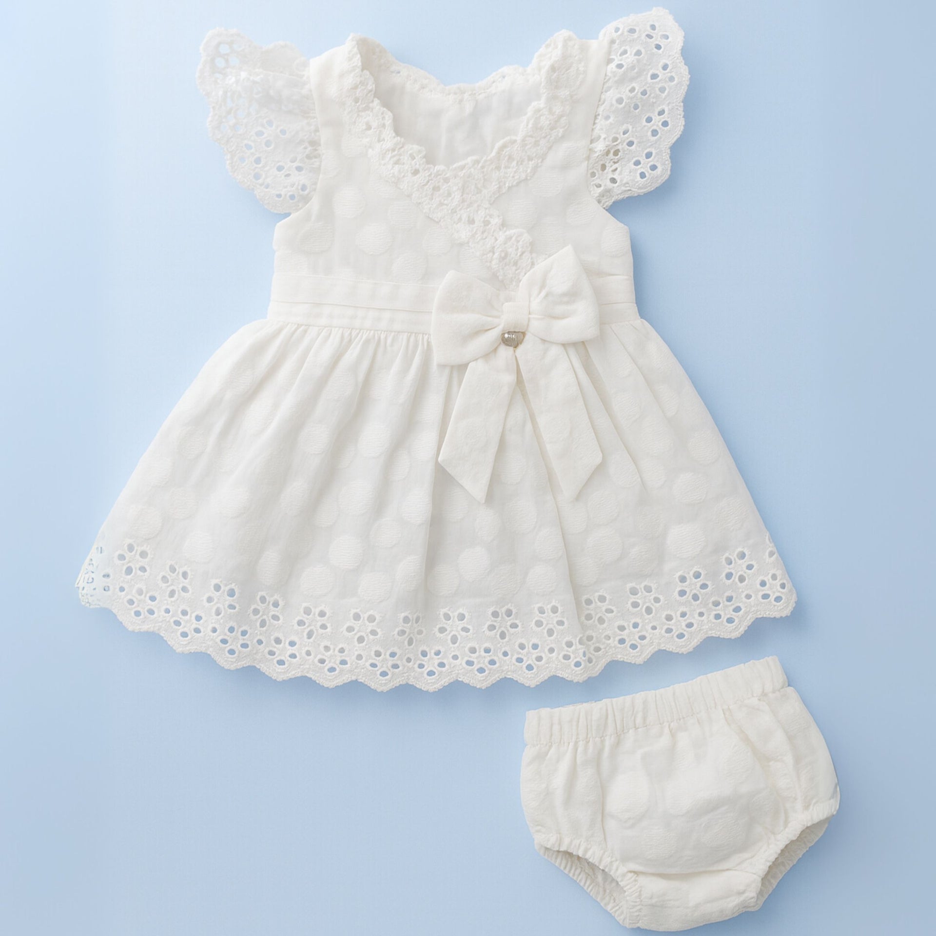 TOFFY HOUSE White Cotton Frock Set with Bloomer – Eyelet Lace & Bow | Soft & Elegant | New Born to 9 months