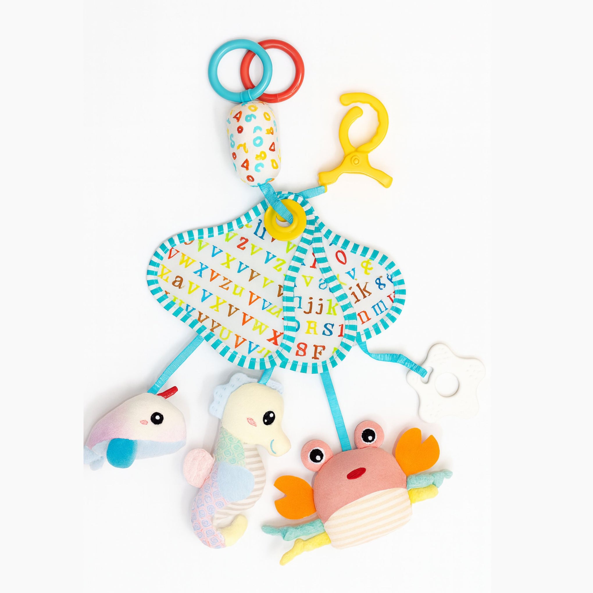 Smile Baby Alphabet Activity Hanging Toy – Soft Plush Animal Shapes with Rattles, Teether & Clip | For Cradles, Strollers & Car Seats | 0–2 Years