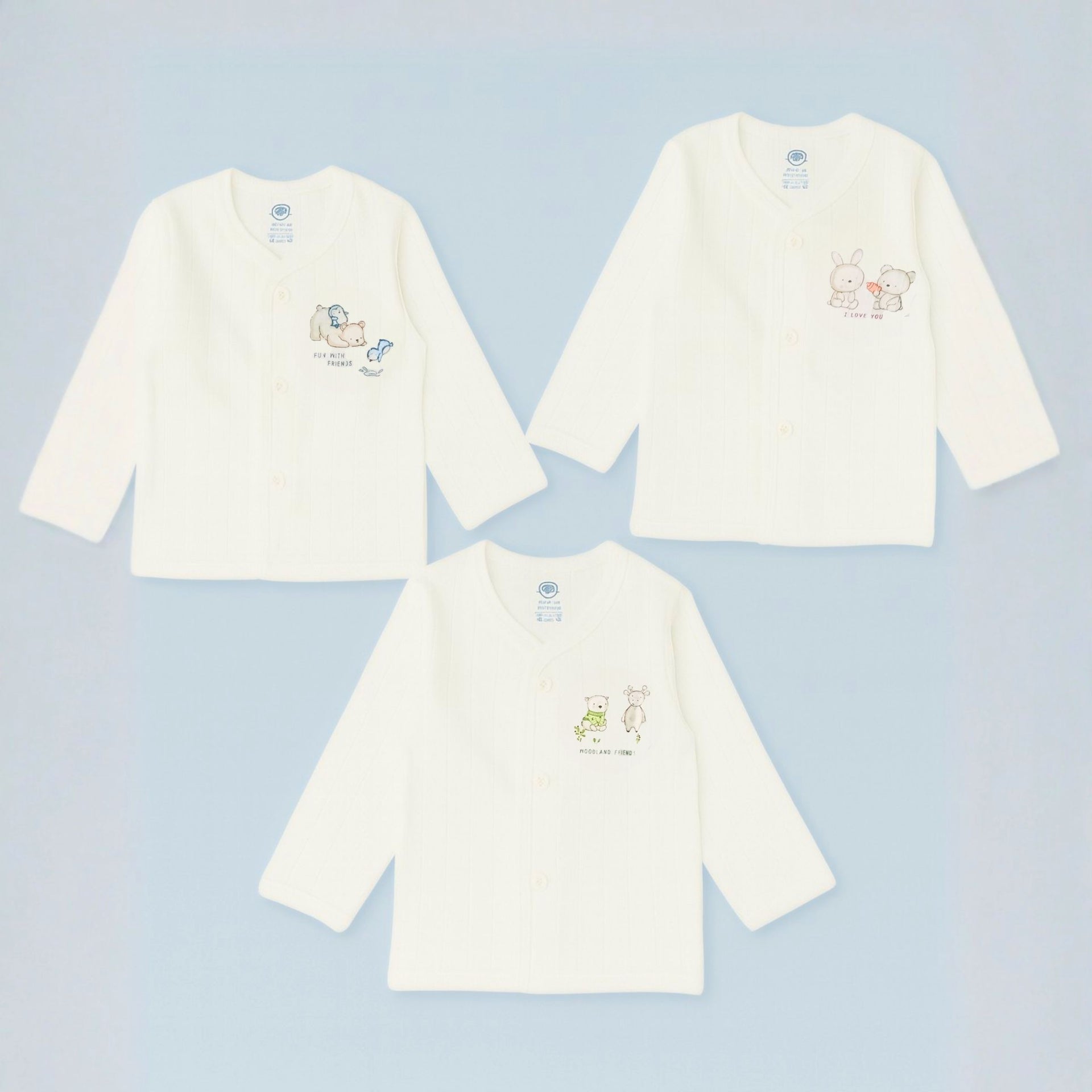 Premium Baby Cotton Front-Open Jabla/Upperwear – Soft Ribbed Full-Sleeve Shirts with Cute Cartoon Prints | 0–12 Months | Unisex | Pack of 3