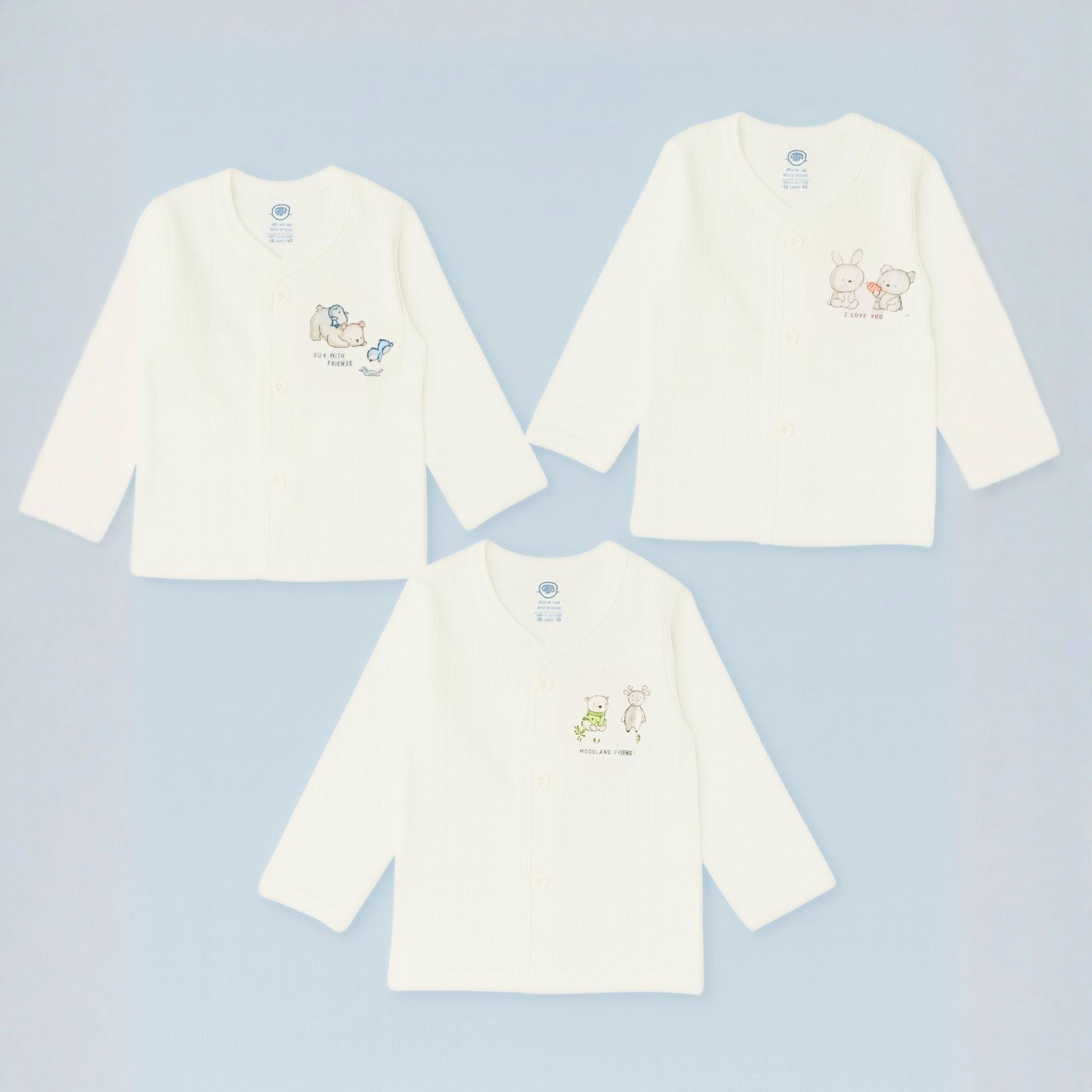 Premium Baby Cotton Front-Open Jabla/Upperwear – Soft Ribbed Full-Sleeve Shirts with Cute Cartoon Prints | 0–12 Months | Unisex | Pack of 3