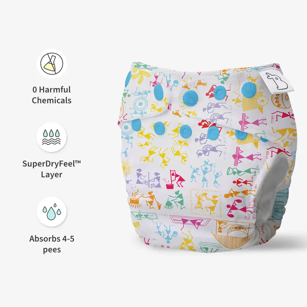SuperBottoms Reusable Cloth Diaper – warli Art Print | Adjustable, Leak-Proof & Washable Baby Diaper with Inserts