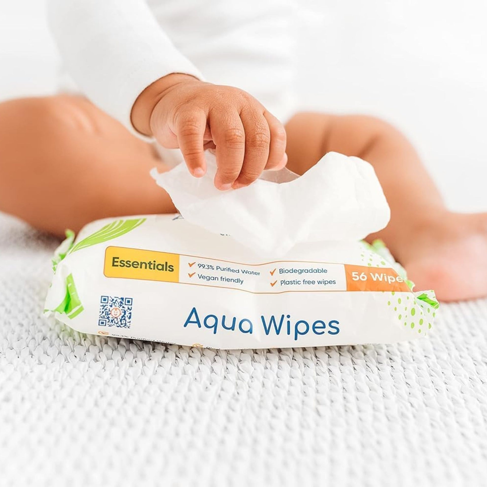 Aqua Wipes Essentials Baby Wet Wipes | 99.6% Purified Water | Plastic-Free & Biodegradable | Paediatrician Tested | Gentle for Sensitive Skin (56 Wipes)