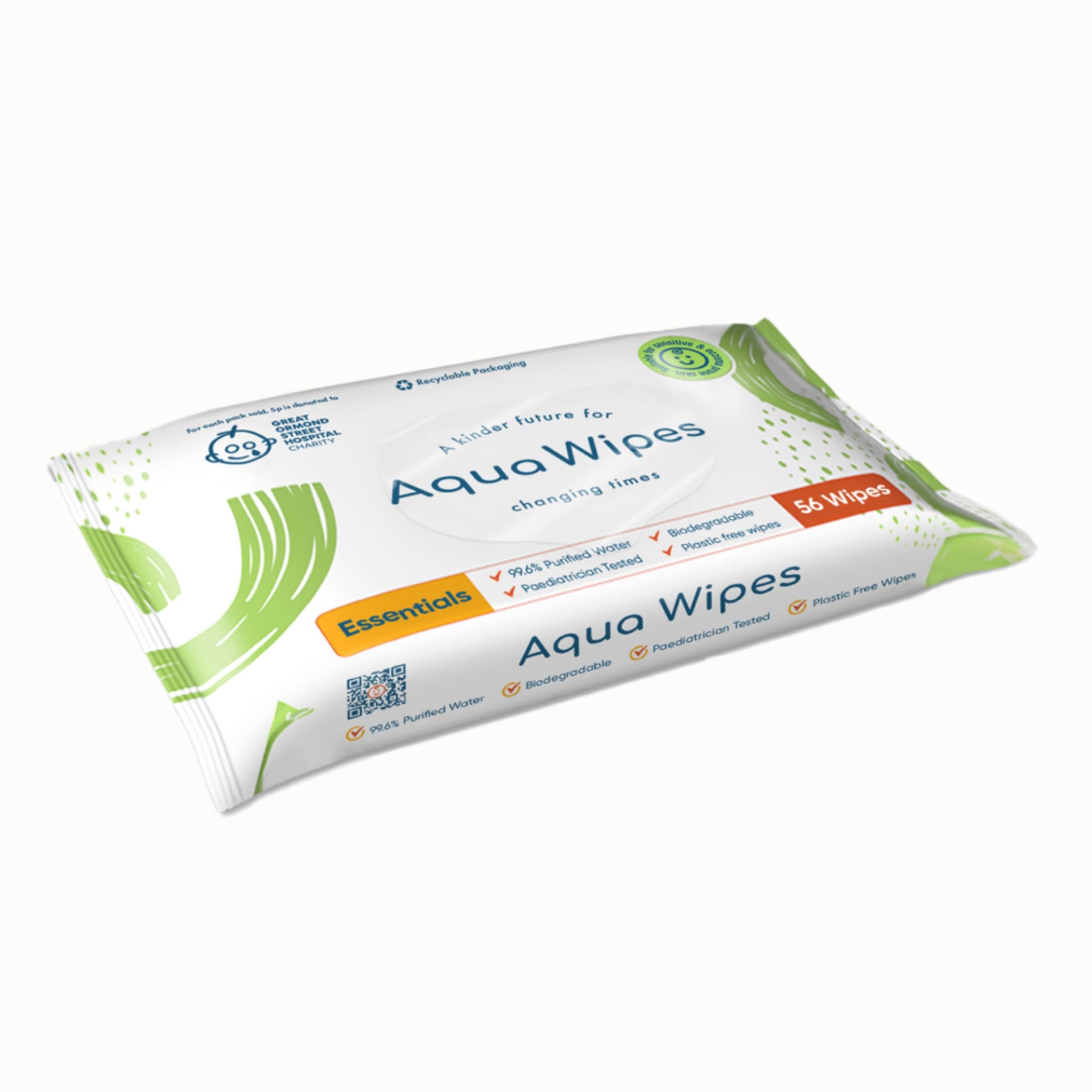 Aqua Wipes Essentials Baby Wet Wipes | 99.6% Purified Water | Plastic-Free & Biodegradable | Paediatrician Tested | Gentle for Sensitive Skin (56 Wipes)
