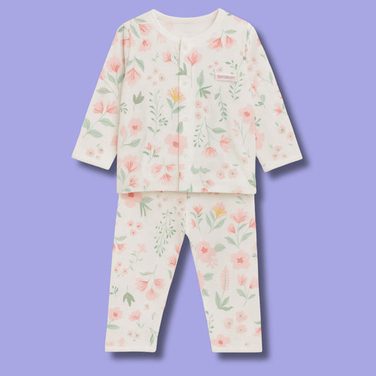 Smile Baby Girls' Floral Cotton Nightwear Set – Full Sleeve Button Top & Pajama | Soft & Breathable | 0–12 Months