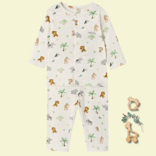 TOFFY HOUSE Jungle Friends Cotton Night Suit – Full Sleeve | Soft & Breathable | Unisex | 9 M - 3 Y
