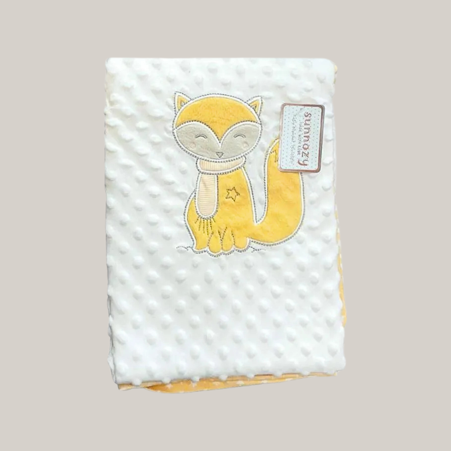 Sunnozy Ultra-Soft Baby Double Layer Bean Blanket | Embroidered Yellow Fox Design | Premium Minky Fleece | 75×100 cm