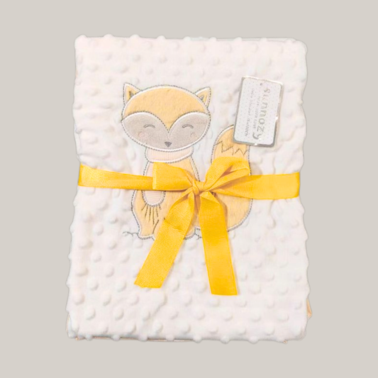 Sunnozy Ultra-Soft Baby Double Layer Bean Blanket | Embroidered Yellow Fox Design | Premium Minky Fleece | 75×100 cm