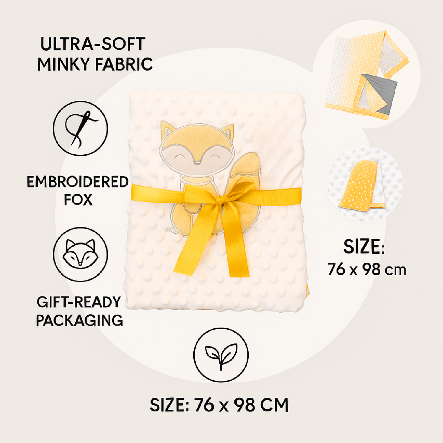 Sunnozy Ultra-Soft Baby Double Layer Bean Blanket | Embroidered Yellow Fox Design | Premium Minky Fleece | 75×100 cm