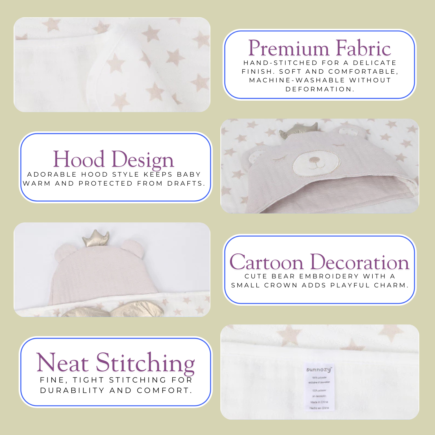 Sunnozy Ultra-Soft Baby Double Layer Bean Blanket | Star Print Hooded Bear Design | Cozy Newborn Blanket | 75×100 cm