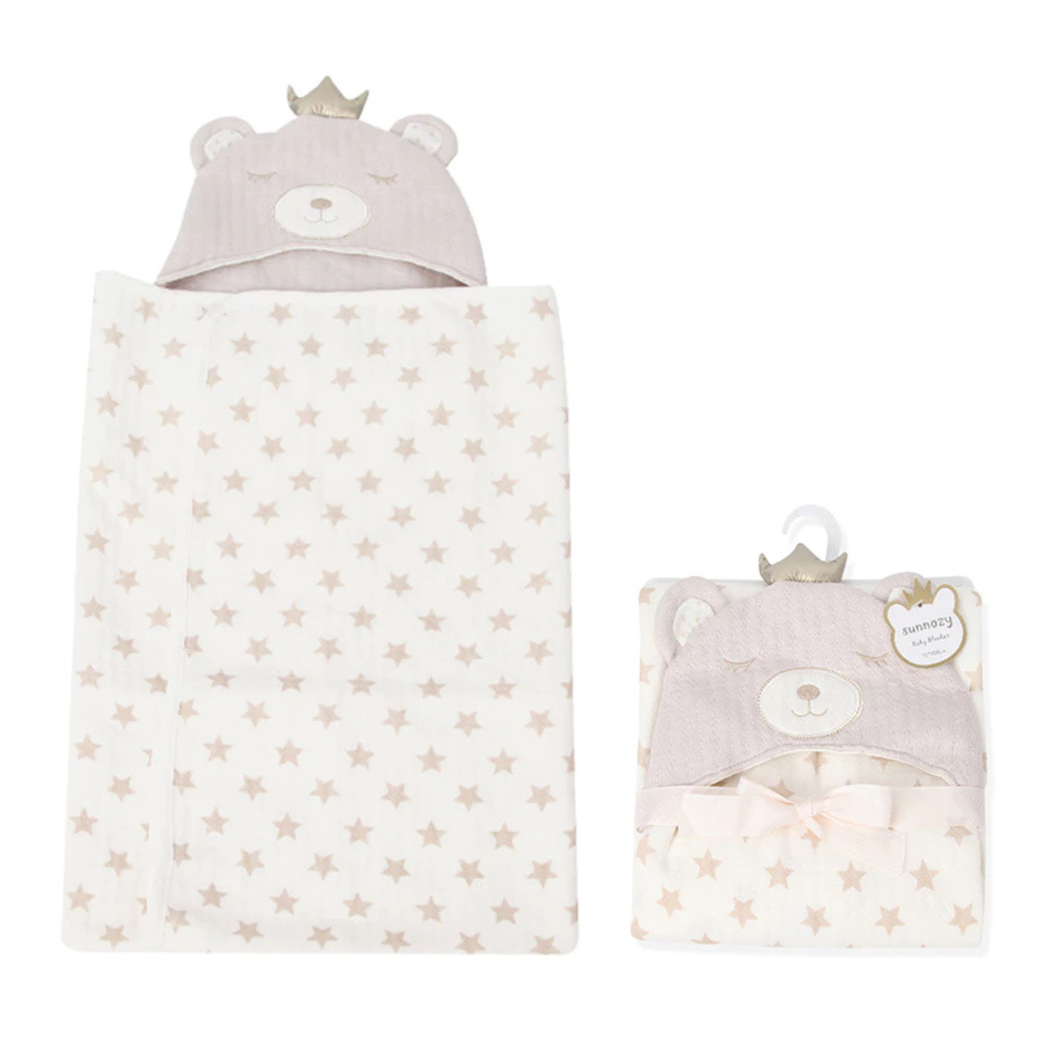Sunnozy Ultra-Soft Baby Double Layer Bean Blanket | Star Print Hooded Bear Design | Cozy Newborn Blanket | 75×100 cm