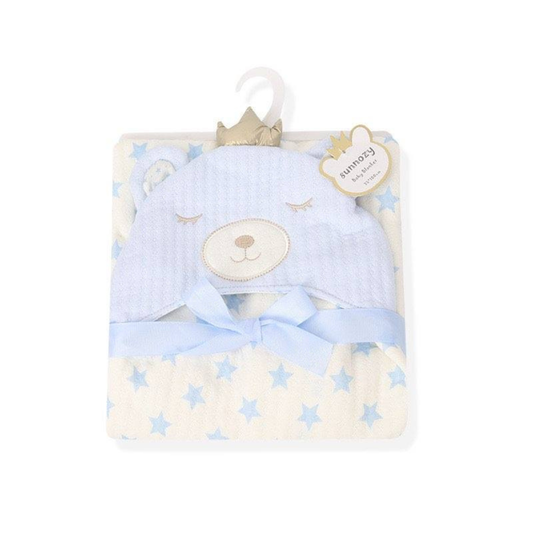 Sunnozy Ultra-Soft Baby Double Layer Bean Blanket | Star Print Hooded Bear Design | Cozy Newborn Blanket | 75×100 cm