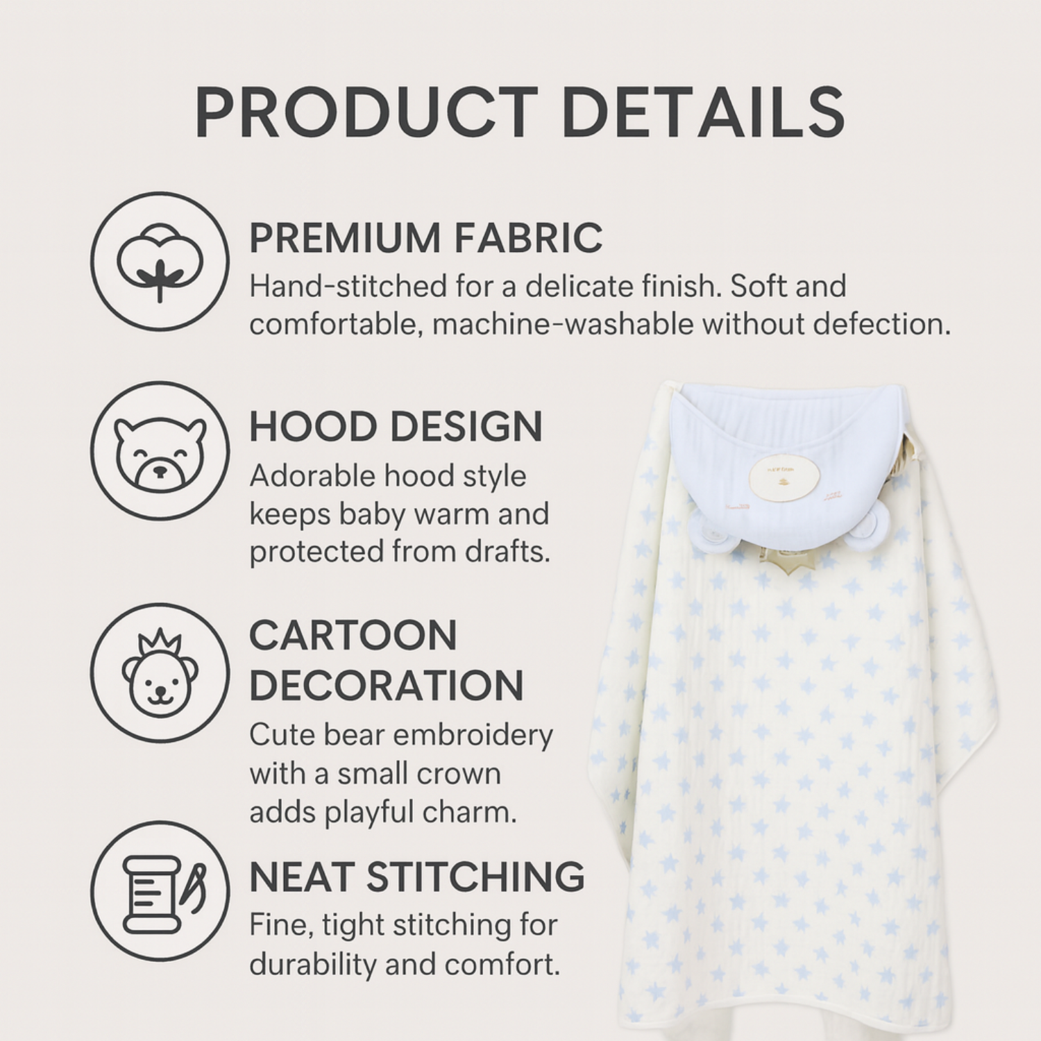 Sunnozy Ultra-Soft Baby Double Layer Bean Blanket | Star Print Hooded Bear Design | Cozy Newborn Blanket | 75×100 cm