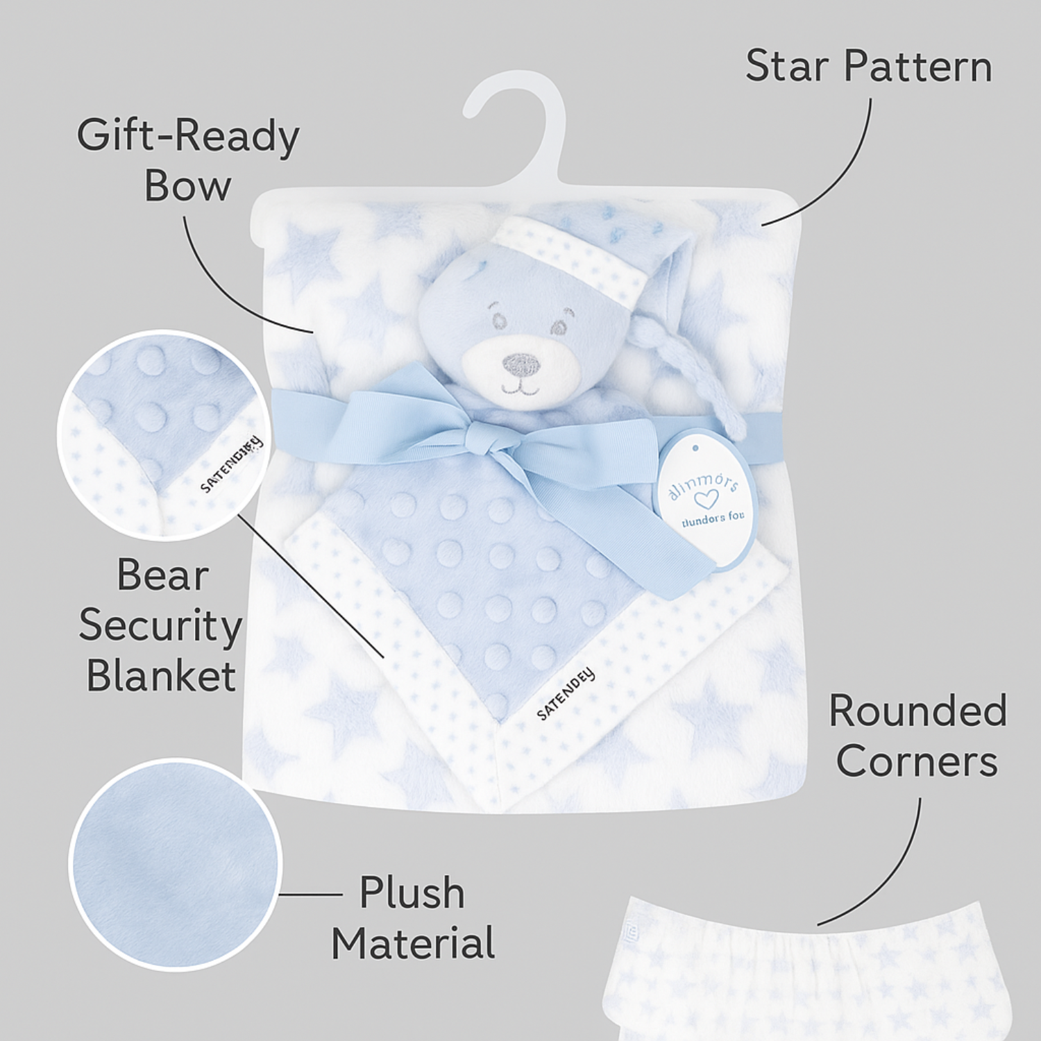 Sunnozy Ultra-Soft Blue Star Plush Baby Blanket with Matching Teddy Toy | Cozy Newborn Blanket Set | Size 75×100 cm