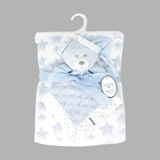 Sunnozy Ultra-Soft Blue Star Plush Baby Blanket with Matching Teddy Toy | Cozy Newborn Blanket Set | Size 75×100 cm