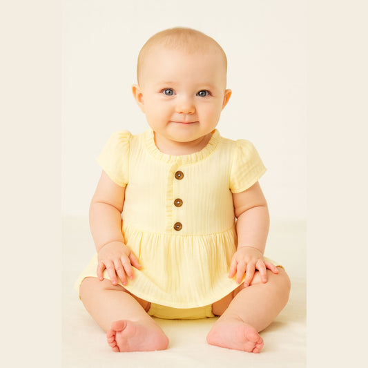 Smile Baby Girls’ Summer Cotton Frock – Soft Yellow | Ruffle Neckline & Wooden Buttons | 6M–1Y