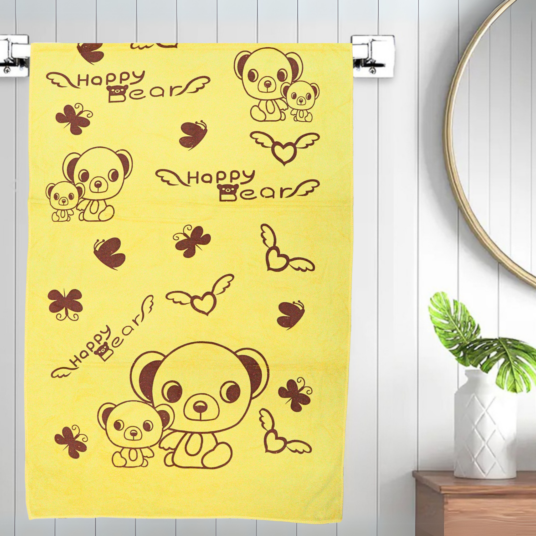 Smile Baby Kids Bath Towel For Girls Boys | Soft Premium Microfiber Quick Drying Towels for Unisex Kids | Cartoon Print Wash Dry Cloth Towel For Babies Toddlers, Pack Of 1, 70 x 140 CM, Happy Bear