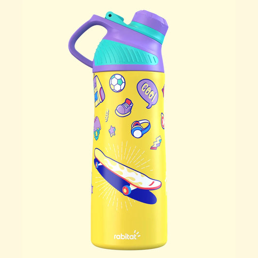 Rabitat ZYLO Thermos steel Water Bottle | yellow sport printed ' Dare To Ride ' 550 ml | Triple Layer Vacuum Insulated Flask | 20 Hours Hot & 24 Hours Cold